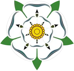The White Rose of York, a white heraldic rose, the symbol of the House of York. Traditionally the origins of the emblem are said to go back to Edmund of Langley in the 14th century, the first Duke of York and the founder of the House of York as a Cadet branch of the then-ruling House of Plantagenet.[27] The actual symbolism behind the rose has religious connotations as it represents the Virgin Mary, who was often called the Mystical Rose of Heaven.[27][28]