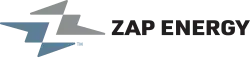 Logo design. On the left are two lightning bolt shapes, one grey and one blue, forming an implied Z between them. On the right are the words Zap Energy.