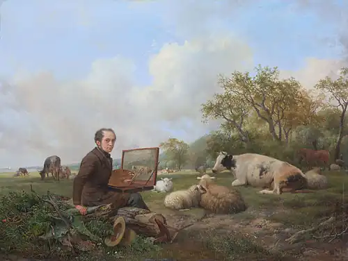 Image 1 Hendrik van de Sande Bakhuyzen Painting credit: Hendrik van de Sande Bakhuyzen Hendrik van de Sande Bakhuyzen (1795–1860) was a 19th-century Dutch landscape painter and art teacher. He was a prominent contributor to the Romantic period in Dutch art, and his students and children founded the art movement known as the Hague School. He is known for his pastoral scenes (especially paintings of livestock) with detailed landscapes, notably inspired by Golden Age artist Paulus Potter and continuing the Realist tradition of that era. This oil-on-panel self-portrait by Van de Sande Bakhuyzen dates from 1850, and is in the collection of the Rijksmuseum in Amsterdam. More selected portraits