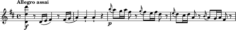
\relative c'' {
  \key d \major
  \tempo "Allegro assai"
  <d' d, d,>\f r8 d,,16( e fis4) r8 fis16( g a4) a-! a-! r \grace b'16\p(a8 ) g16 a fis8 r \grace g16(fis8 ) e16 fis d8 r \grace e16(d8 ) cis16 d a8 r \grace b16(a8 ) g16 a fis8 r
}

