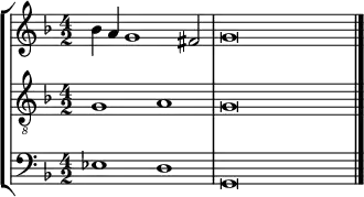 {
\override Score.SpacingSpanner.strict-note-spacing = ##t
\set Score.proportionalNotationDuration = #(ly:make-moment 1/2)
<< \new StaffGroup <<
\new Staff <<
\set Score.tempoHideNote = ##t \tempo 2 = 60
\set Staff.midiInstrument = #"voice oohs"
\clef treble \time 4/2
\relative c'' {
\clef treble \time 4/2 \key g \dorian
bes4 a g1 fis2 g\breve
}
>>
\new Staff <<
\set Staff.midiInstrument = #"voice oohs"
\clef "treble_8" \time 4/2 \key g \dorian
\new Voice \relative c' {
g1 a g\breve
}
>>
\new Staff <<
\set Staff.midiInstrument = #"voice oohs"
\clef bass \time 4/2 \key g \dorian
\new Voice \relative c {
es1 d g,\breve \bar "|."
}
>>
>>
>> }
