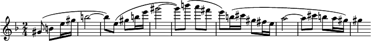 \relative c''
{
\clef treble \key f \major \time 2/4 \partial 8*3 gis8( b e16 gis b2~ b8) e,( gis b16 e gis2~ gis8) b( a fis e) b16( cis gis8 fis16 e a2~ a8 cis b a16 gis) gis4
}
