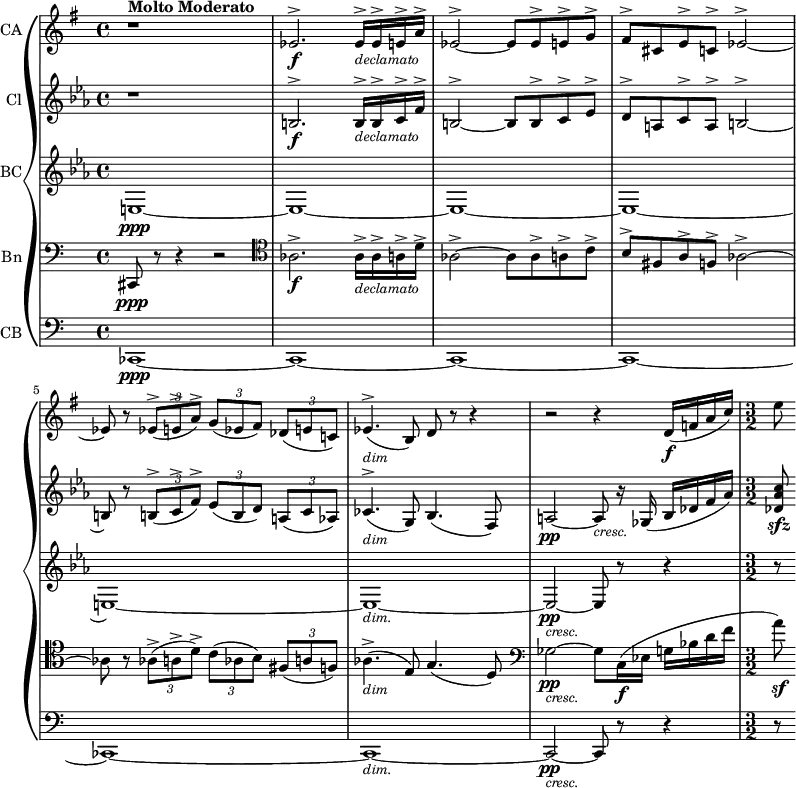 { \new PianoStaff
<<
\new Staff \with { instrumentName="CA"}
\relative c'
{
\set Score.tempoHideNote = ##t \tempo 2 = 35
\set Staff.midiInstrument = #"english horn"
\set Staff.midiMinimumVolume = 0.2
\set Staff.midiMaximumVolume = 0.7
\key e \minor
\clef treble
\time 4/4
r1^\markup { \bold "Molto Moderato" }
ees2.^\accent\f ees16^\accent_\markup { \italic \small declamato } ees^\accent e^\accent a^\accent |
ees2^\accent~ ees8 ees^\accent e^\accent g^\accent |
fis^\accent cis e^\accent c^\accent ees2^\accent~ |
ees8 r8 \tuplet 3/2 {ees^\accent\=1( e^\accent a^\accent\=1)} \tuplet 3/2 {g\=1( ees fis\=1)} \tuplet 3/2 {des\=1( e c!\=1)} |
ees4.^\accent\=1(_\markup {\italic \smaller"dim" } b8\=1) d8 r8 r4 |
r2 r4 d16\f\=1( f a c\=1)|
\time 3/2
e8
}
\new Staff \with { instrumentName="Cl"}
\relative c'
{
\set Staff.midiInstrument = #"clarinet"
\set Staff.midiMinimumVolume = 0.2
\set Staff.midiMaximumVolume = 0.7
\transposition a
\key c \minor
\clef treble
\time 4/4
r1
b2.^\accent\f b16^\accent_\markup { \italic \small declamato } b^\accent c^\accent f^\accent |
b,2^\accent~ b8 b^\accent c^\accent ees^\accent |
d^\accent a c^\accent a^\accent b2^\accent~ |
b8 r8 \tuplet 3/2 {b^\accent\=1( c^\accent f^\accent\=1)} \tuplet 3/2 {ees\=1( b d\=1)} \tuplet 3/2 {a\=1( c aes\=1)} |
ces4.^\accent\=1(_\markup {\italic \smaller"dim" } g8\=1) bes4.\=1( f8\=1) |
a2\pp~ a8_\markup {\italic \smaller "cresc."} r16 ges16\=1( bes des f aes\=1) |
< des, aes' c >8\sfz
}
\new Staff \with { instrumentName="BC"}
\relative c'
{
\set Staff.midiInstrument = #"clarinet"
\set Staff.midiMinimumVolume = 0.2
\set Staff.midiMaximumVolume = 0.7
\transposition a
\key c \minor
\clef treble
\time 4/4
e,1\ppp\=1~|
e~ |
e~ |
e~ |
e~ |
e~_\markup {\italic \smaller "dim." } |
e2~\pp_\markup{\italic \smaller "cresc."} e8 r8 r4
r8
}
\new Staff \with { instrumentName="Bn"}
\relative c'
{
\set Staff.midiInstrument = #"bassoon"
\set Staff.midiMinimumVolume = 0.2
\set Staff.midiMaximumVolume = 0.7
\key c \major
\clef bass
\time 4/4
cis,,8\ppp r8 r4 r2
\set Staff.clefGlyph = "clefs.C"
des'2.^\accent\f des16^\accent_\markup { \italic \small declamato } des^\accent d^\accent g^\accent |
des2^\accent~ des8 des^\accent d^\accent f^\accent |
e^\accent bis d^\accent b^\accent des2^\accent~ |
des8 r8 \tuplet 3/2 {des^\accent\=1( d^\accent g^\accent\=1)} \tuplet 3/2 {f\=1( des e\=1)} \tuplet 3/2 {bis\=1( d b\=1)} |
des4.^\accent\=1(_\markup {\italic \smaller"dim" } a8\=1) c4.\=1( g8\=1) |
\set Staff.clefGlyph = "clefs.F"
ges'2\pp_\markup {\italic \smaller "cresc."}~ ges8 c,16\f\=1( ees g bes d f |
a8\=1)\sf
}
\new Staff \with { instrumentName="CB"}
\relative c'
{
\set Staff.midiInstrument = #"bassoon"
\set Staff.midiMinimumVolume = 0.2
\set Staff.midiMaximumVolume = 0.7
\key c \major
\clef bass
\time 4/4
ces,,1\ppp\=1~|
ces1~ |
ces1~ |
ces1~ |
ces1~ |
ces1~_\markup {\italic \smaller "dim." } |
ces2~\pp_\markup{\italic \smaller "cresc."} ces8 r8 r4
r8
}
>>
}