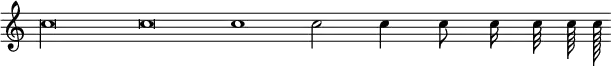 {
\omit Staff.TimeSignature
\time 8/1
c''\longa c''\breve c''1 c''2 c''4 c''8 c''16 c''32 c''64 c''128
}