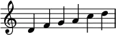   {
\override Score.TimeSignature #'stencil = ##f
\relative c' {
  \clef treble \key c \major \time 6/4
  d f g a c d
} }
