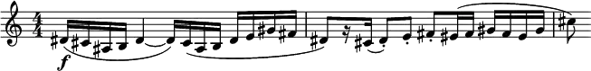  \relative c' {
    \set Score.tempoHideNote = ##t
    \numericTimeSignature
    \tempo 4 = 126
    \set Staff.midiInstrument = #"alto sax"
    dis16\f (cis ais b dis4 ~ dis16) cis (ais b dis e gis fis dis8) [r16 cis](dis8-.) e-. fis-. eis16(fis gis fis eis gis cis8)
 }
