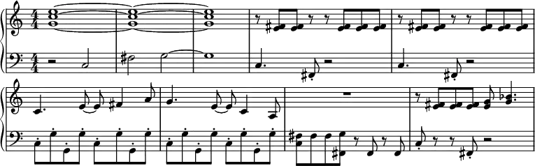 \header { tagline = ##f }
\paper {
system-system-spacing = #'((basic-distance . 1) (padding . 1))
}
\layout { indent = 0 \context {\Score \remove "Bar_number_engraver" } }
global = { \key c \major \numericTimeSignature \time 4/4 }
right = \relative c'' { \global
<e c g>1~ | <e c g>1~ | <e c g>1 |
\repeat unfold 2 {r8 <e, fis> <e fis> r r <e fis> <e fis> <e fis> | }
c4. e8~ e fis4 a8 |
g4. e8~ e c4 a8 |
R1 | r8 <e' fis> <e fis> <e fis> <e g> <g bes>4. |
}
left = \relative c { \global
r2 c2 | fis g~ | g1 |
\repeat unfold 2 { c,4. fis,8-. r2 | }
\repeat unfold 4 { \stemDown c'8-. g'-. g,-. g'-. }
<fis c> fis fis <g fis,> r \stemNeutral fis, r fis |
c'-. r r fis,-. r2 |
}
\score {
\new PianoStaff <<
\new Staff = "right" \right
\new Staff = "left" { \clef bass \left }
>>
\layout { }
\midi {
\tempo 4=172
}
}