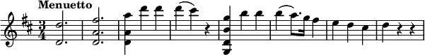 \relative c'' { \set Score.tempoHideNote = ##t \tempo "Menuetto" 4=130 \key d \major \time 3/4
<d d,>2. <fis a, d,> <a a, d,>4 d d d( cis) r
<g b, d, g,> b b b( a8.) g16 fis4 e d cis d r r
}