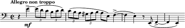 \relative c' \new Staff {
\key a \minor \clef bass
\set Staff.midiInstrument = "cello"
\set Score.tempoHideNote = ##t \tempo "Allegro non troppo" 2 = 80
\time 2/2
\set tupletSpannerDuration = #(ly:make-moment 1 4)
\set beamExceptions = #'((end . ( ((1 . 8) . (2 2 2 2)) )))
r4 e4\mf-> ~ \times 2/3 { e8( d c b c d) | c( b a gis a b } a e) f4->( ~ | f e) r8 e,( f4-> ~ | f e)
}