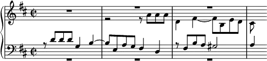 
\language "english"
{
 <<
   \new PianoStaff <<
     \new Staff = "RH" \relative c'' {\key d \major \time 2/2
       R1 | << {R1} \\ {r2 r8 a a a} >> | << {R1} \\ {d,4 fs~ fs8 b, e d} >> | << {s4} \\ {cs8} >> }
     \new Staff = "LH" \relative c {\key d \major \clef bass \time 2/2
       << {r8 d' d d g,4 b~} \\ {R1} >> | << {b8 e, a g fs4 d} \\ {R1} >> | << {r8 fs b a gs2} \\ {R1} >> | << {a4} \\ {s4} >>}
   >>
 >>
}