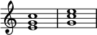 {
\override Score.TimeSignature #'stencil = ##f
\relative c' {
\clef treble
\time 4/4
\key c \major
<e g c>1
<g c e>
} }