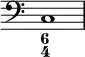 {
\clef bass
\time 4/4
<<
\override Score.TimeSignature
#'stencil = ##f
\relative c {
<c>1
}
\figures {
<6 4>
}
>>
}
